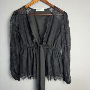 Anna-Kaci Peplum Gothic Chic Lace Whimsigoth Blouse Tie Front Sheer Black Size S
